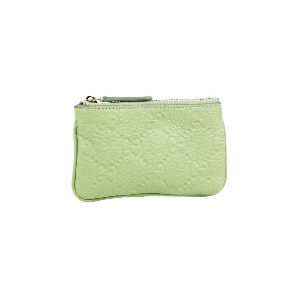 【GUCCI】GG Logo 壓紋皮革拉鍊零錢包/鑰匙包(淺綠色)