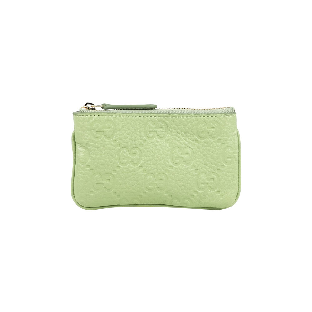 【GUCCI】GG Logo 壓紋皮革拉鍊零錢包/鑰匙包(淺綠色)