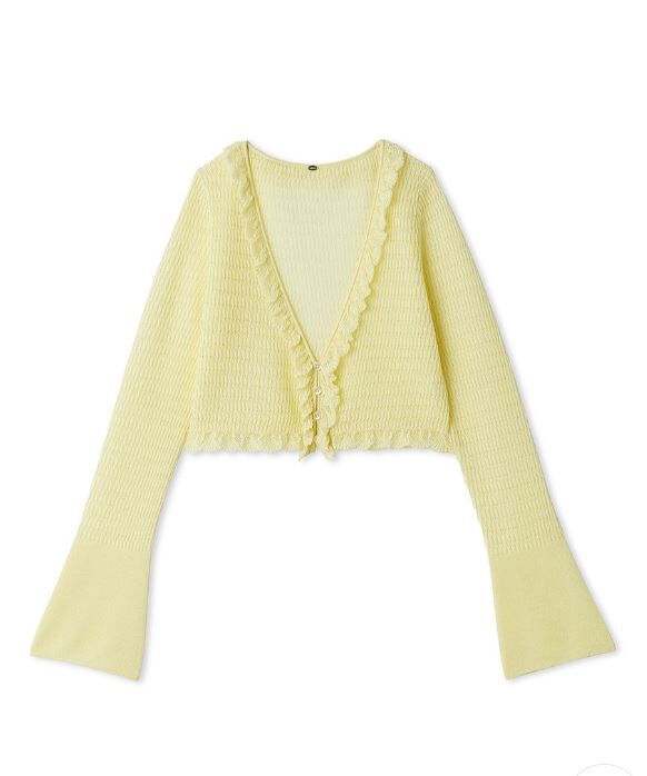 [預購] SNIDEL 透膚荷葉邊短版針織外套