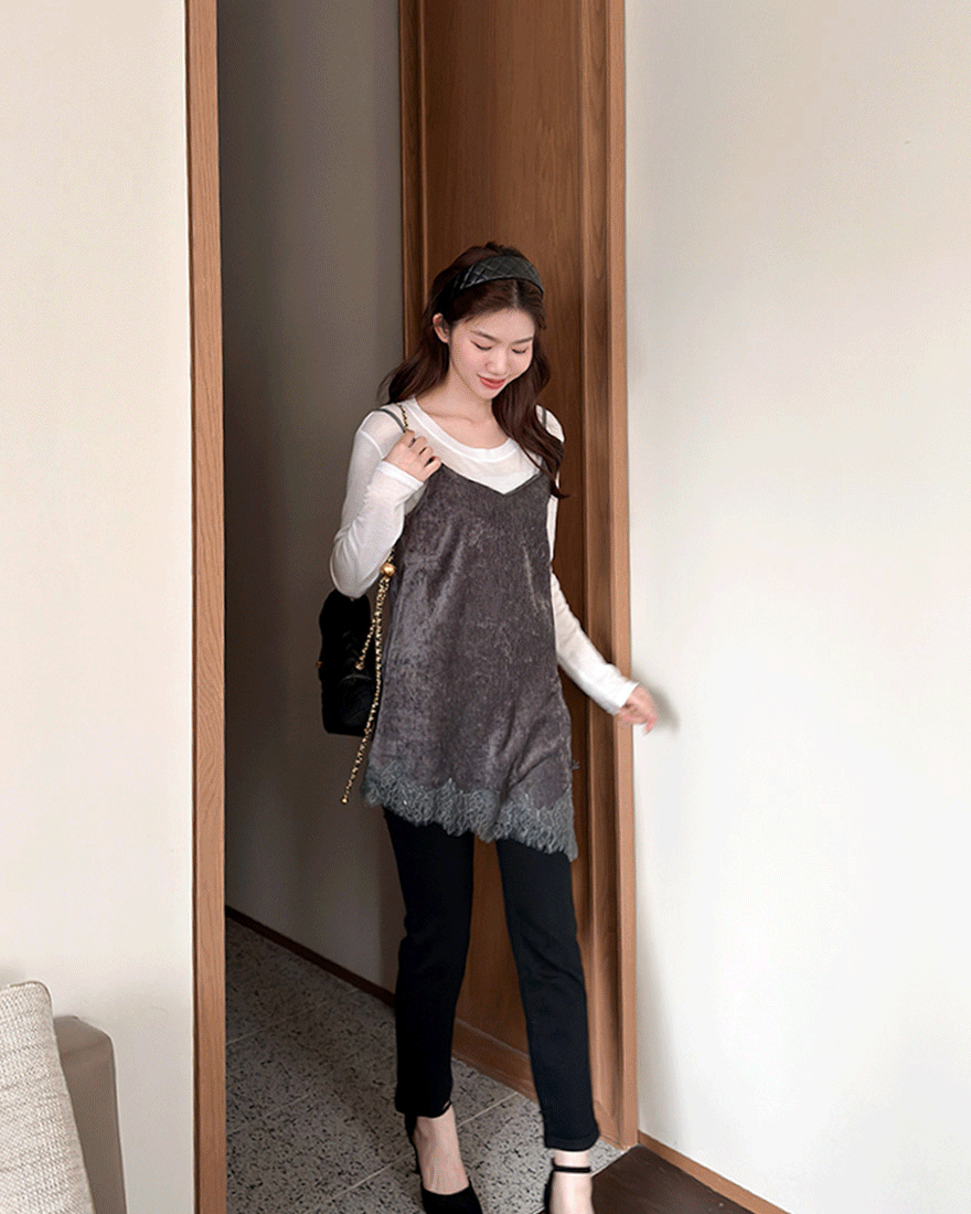 LINA LINA私有漫調睫毛蕾絲洋裝上衣兩件組-質感灰
