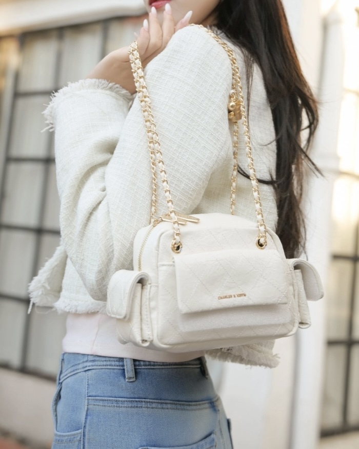 CHARLES & KEITH 小CK Duo 口袋斜背包 菱格紋 肩背包 單肩包 共3色