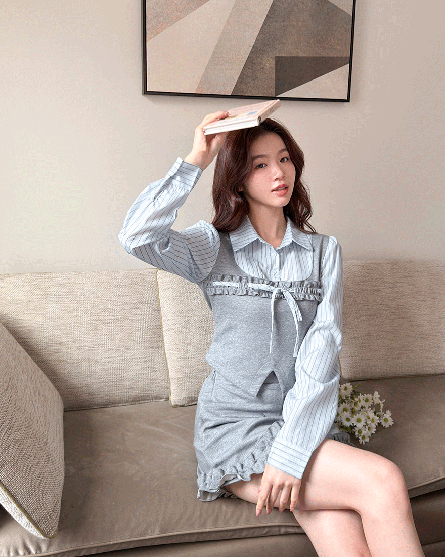 LINA LINA高校歐膩條紋拼色上衣短裙兩件組-藍X灰M/L