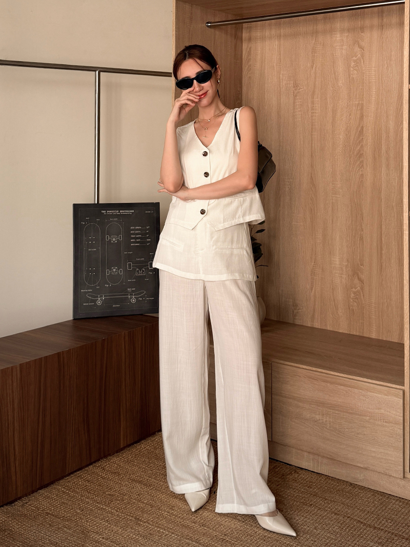 C1777-V領排釦背心+假兩件長褲SET