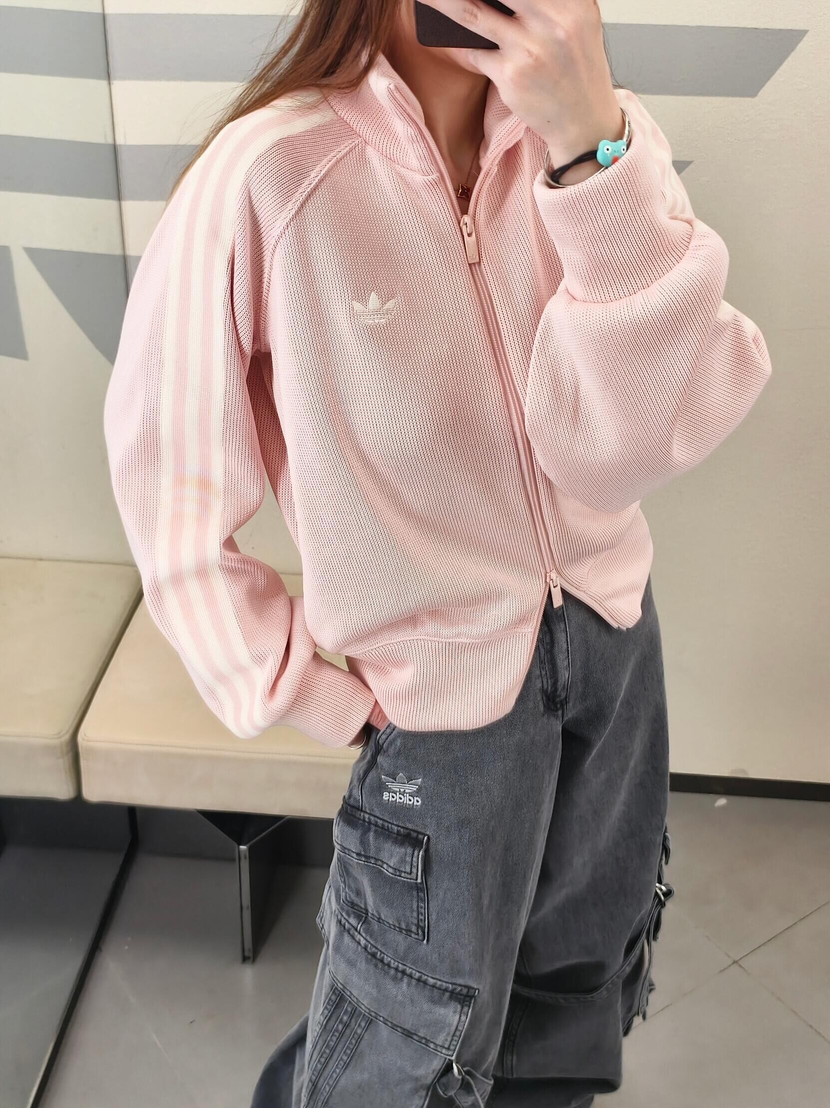 本週限時接單!! Adidas Originals 華夫格紋針織外套 立領外套 燈籠袖 寬鬆 奶油白 粉色(任買兩件7-11免運)/預購