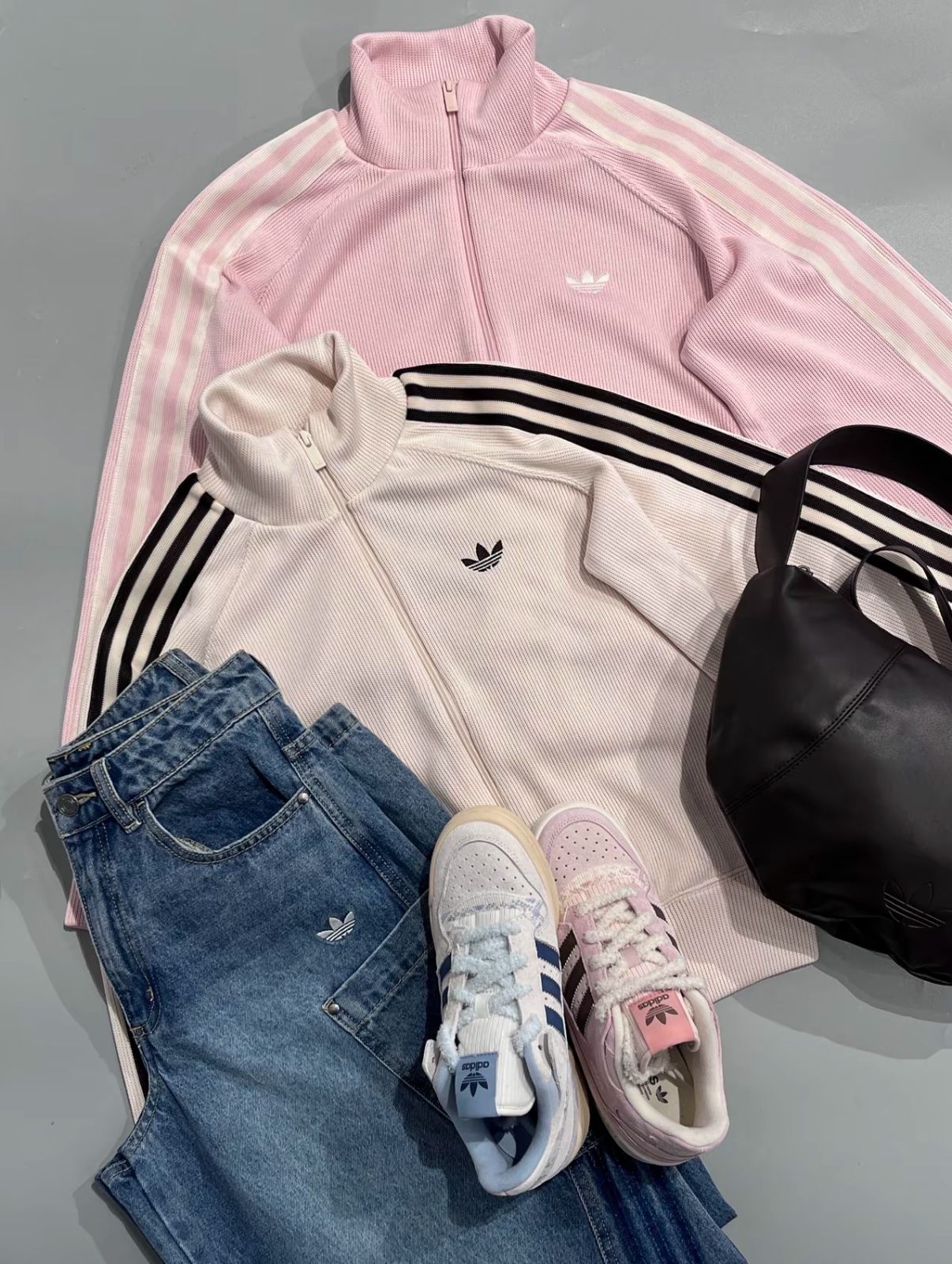 本週限時接單!! Adidas Originals 華夫格紋針織外套 立領外套 燈籠袖 寬鬆 奶油白 粉色(任買兩件7-11免運)/預購