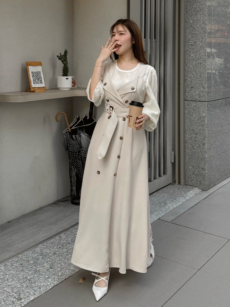 C1780-質感假兩件雙排釦洋(附腰帶)
