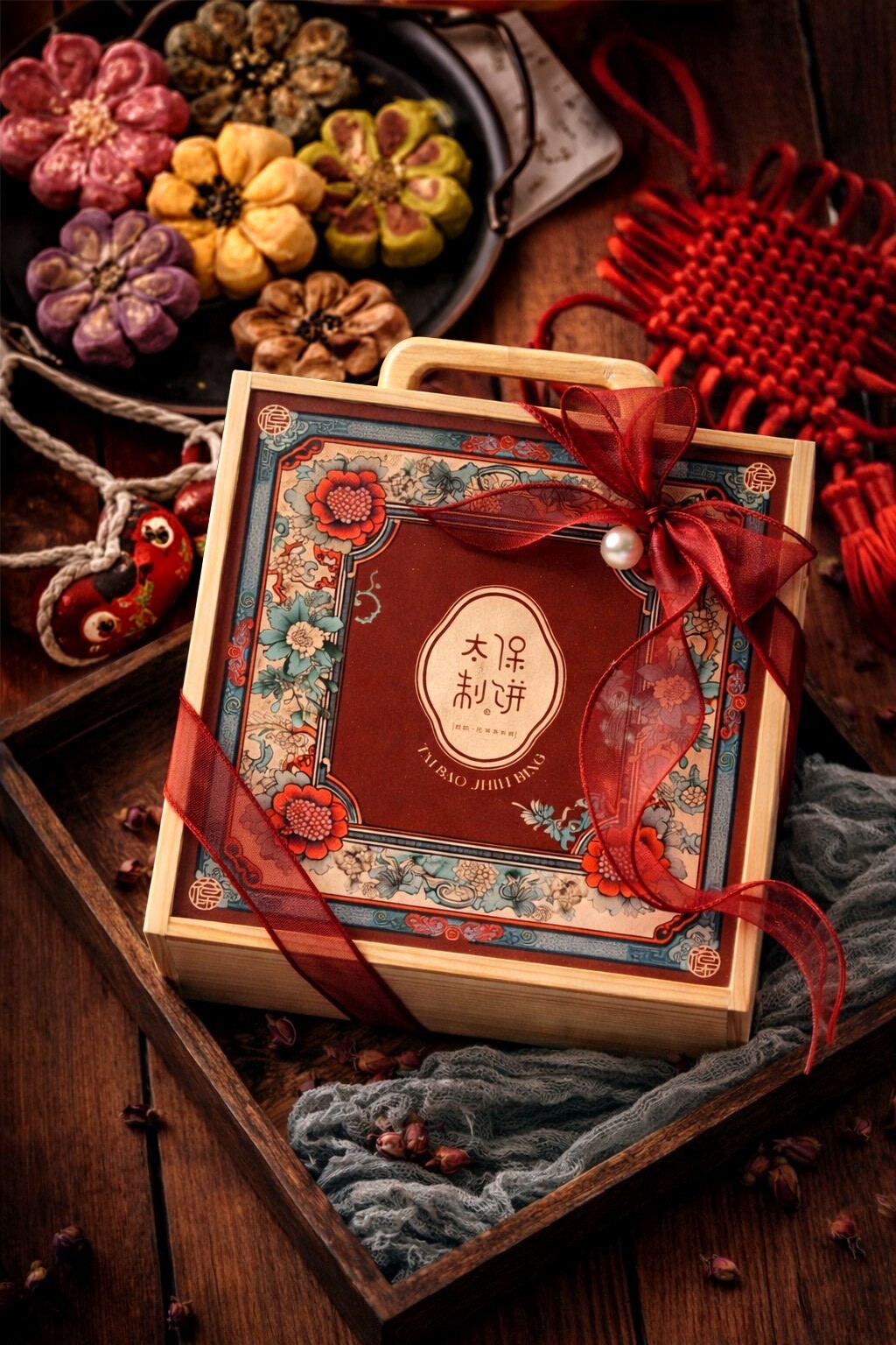 【太保制餅】紅瓷古花木盒