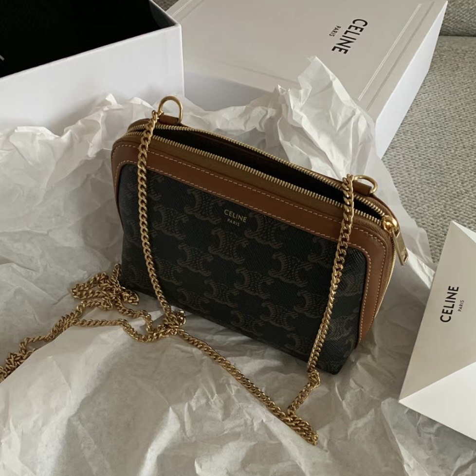 CELINE Clutch on Chain IN Triomphe canvas and Lambskin / Tan