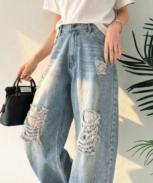 零碼現貨S號 日本🇯🇵連線 Classical Elf 蕾絲刷破鬆弛感牛仔彎寬褲 彎曲輪廓 牛仔褲 直筒褲 寬褲 牛仔寬褲  落地褲 長褲 闊腿褲(任買兩件711免運)/現貨