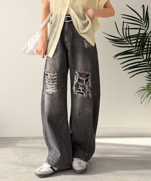 日本🇯🇵連線 Classical Elf 蕾絲刷破鬆弛感牛仔彎寬褲 彎曲輪廓 牛仔褲 直筒褲 寬褲 牛仔寬褲  落地褲 長褲 闊腿褲 3色(任買兩件711免運)/預購