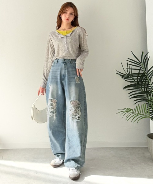 零碼現貨S號 日本🇯🇵連線 Classical Elf 蕾絲刷破鬆弛感牛仔彎寬褲 彎曲輪廓 牛仔褲 直筒褲 寬褲 牛仔寬褲  落地褲 長褲 闊腿褲(任買兩件711免運)/現貨