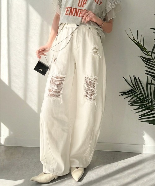 日本🇯🇵連線 Classical Elf 蕾絲刷破鬆弛感牛仔彎寬褲 彎曲輪廓 牛仔褲 直筒褲 寬褲 牛仔寬褲  落地褲 長褲 闊腿褲 3色(任買兩件711免運)/預購