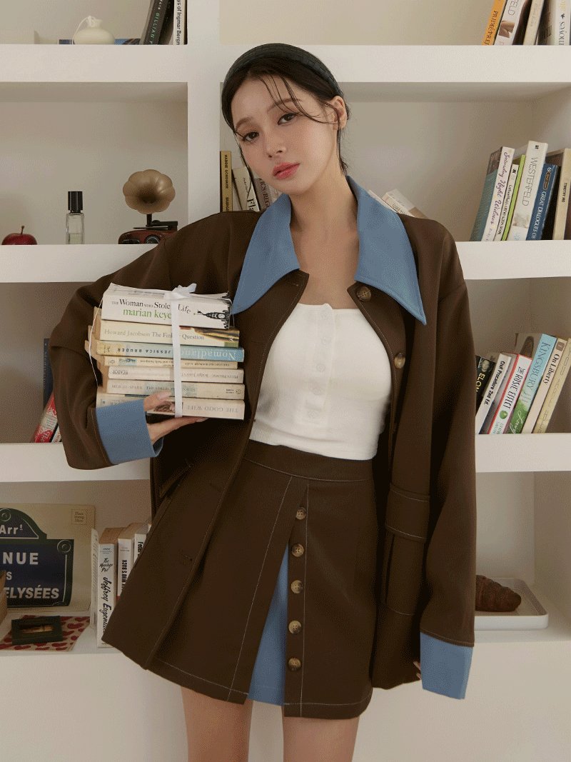 C1786-撞色領口袋外套+短褲SET