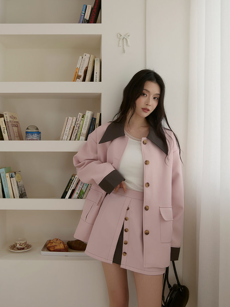 C1786-撞色領口袋外套+短褲SET