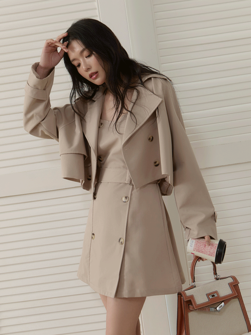 C1790-短版風衣外套+排釦背心洋SET