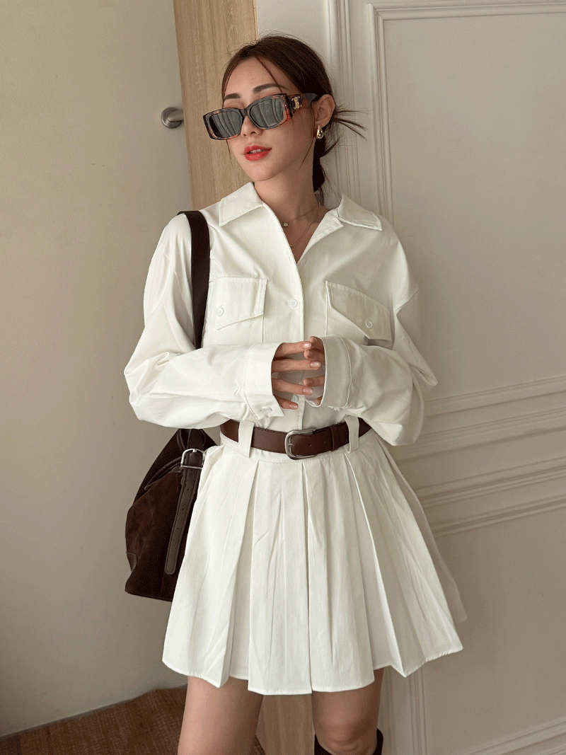 C1792-口袋襯衫百褶洋(附皮帶)