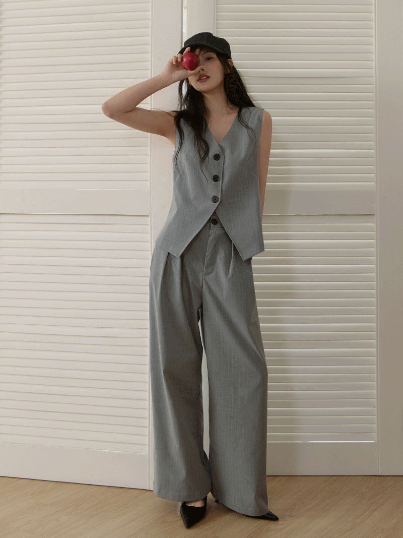 C1797-V領直條背心+長褲SET