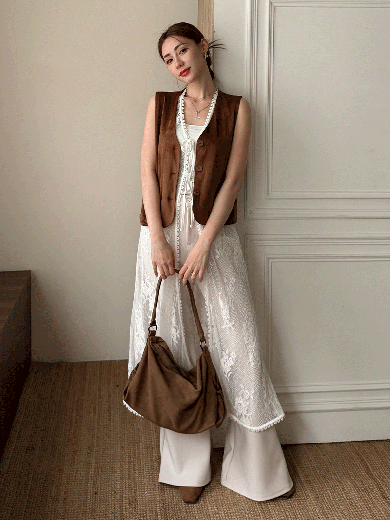 C1806-長版蕾絲背心+麂皮背心SET