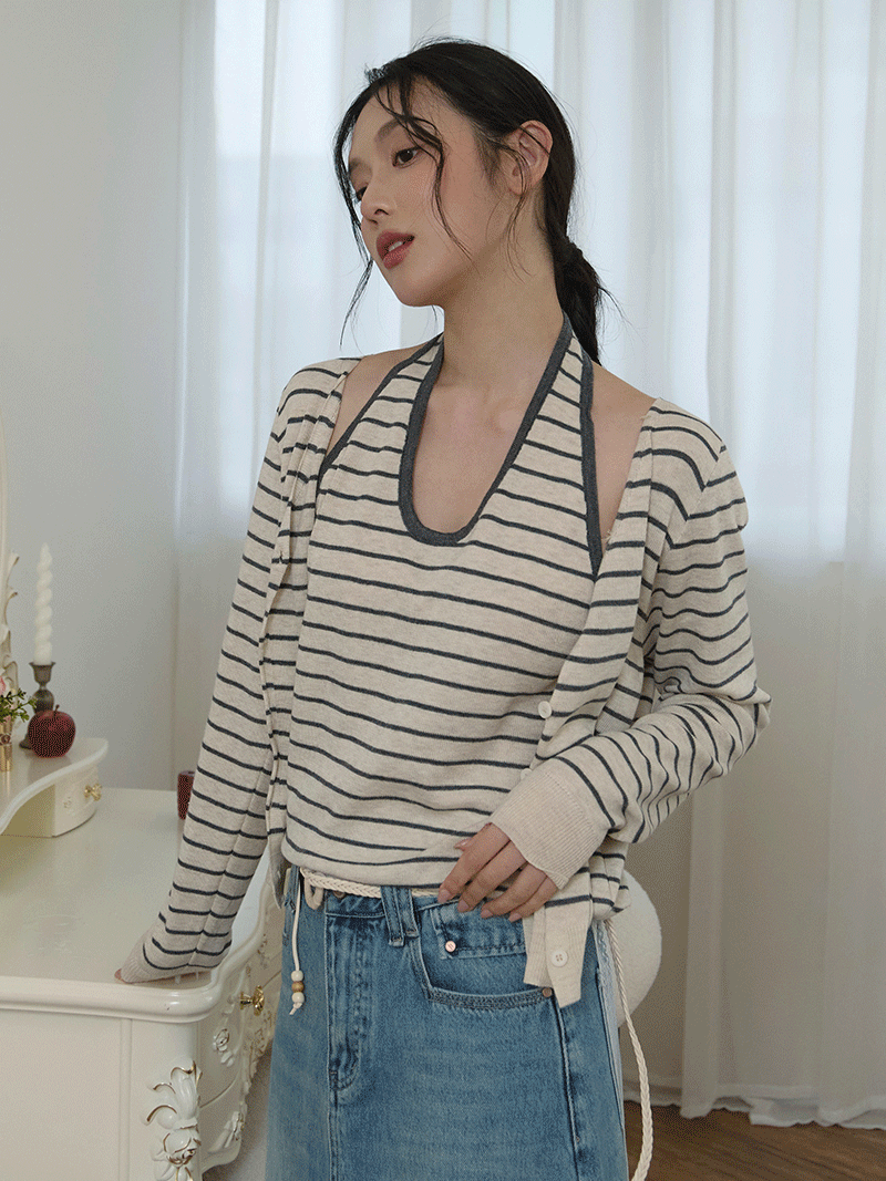 A3271-假兩件掛脖條紋上衣