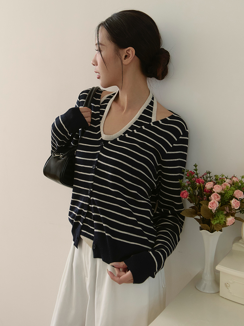 A3271-假兩件掛脖條紋上衣