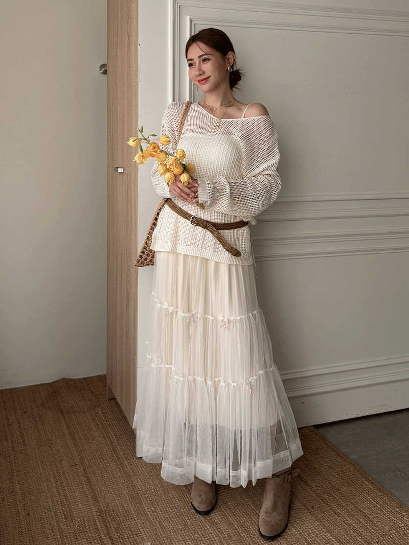 C1808-網格鏤空罩衫連衣裙三件組