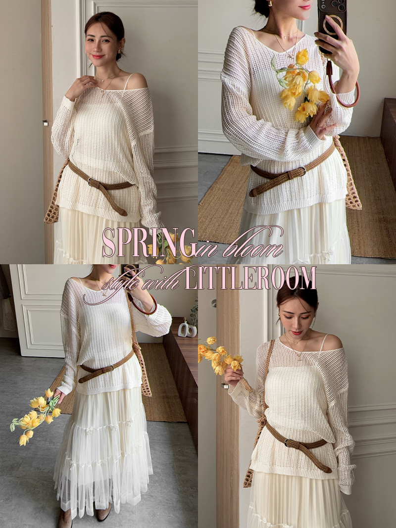 C1808-網格鏤空罩衫連衣裙三件組