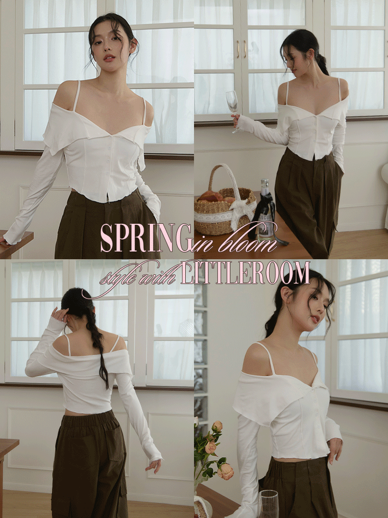 A3290-一字領吊帶翻領上衣