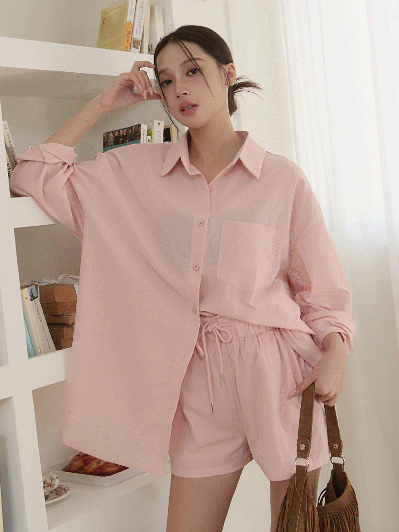 C1816-馬卡龍色系落肩襯衫+短褲SET
