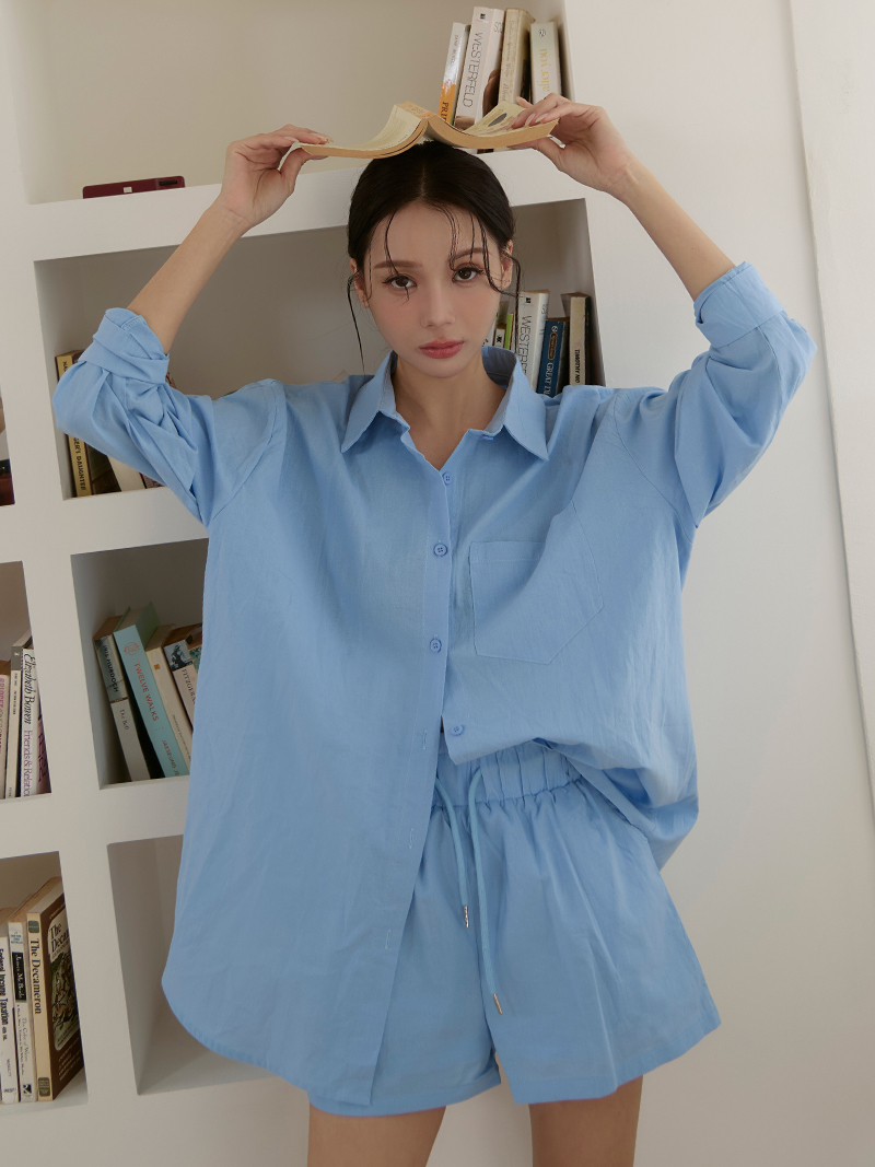 C1816-馬卡龍色系落肩襯衫+短褲SET