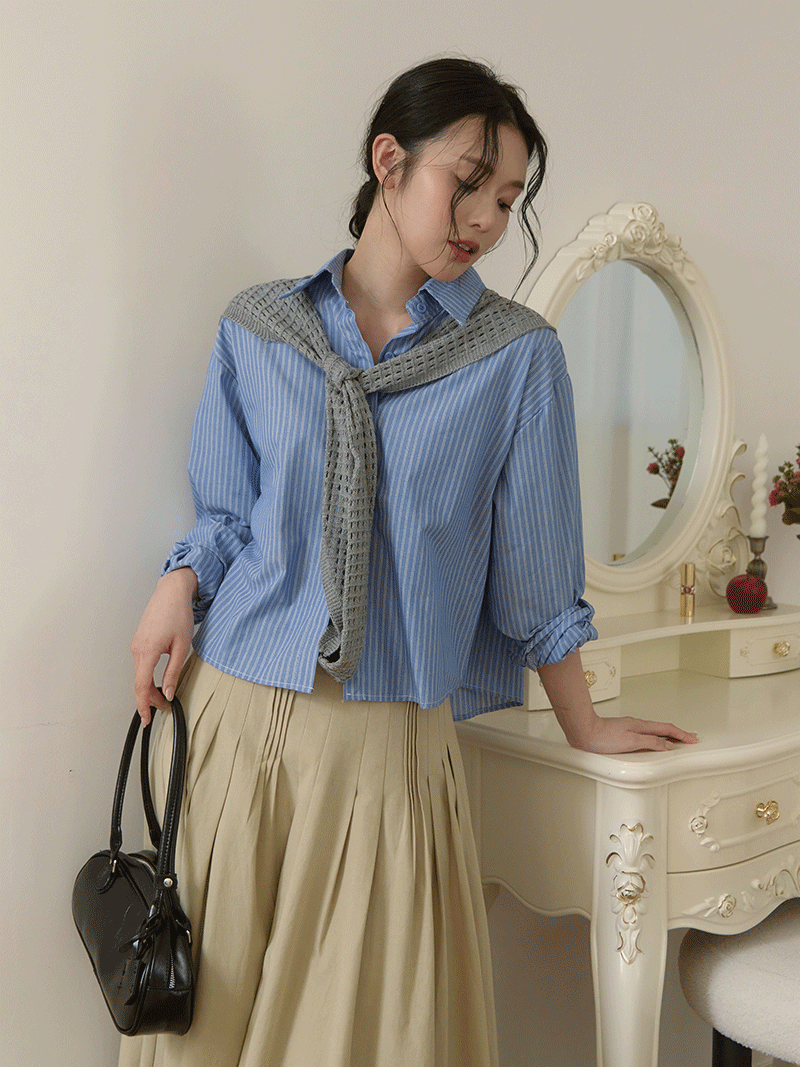 A3329-直條手袖抓皺襯衫+洞洞披肩