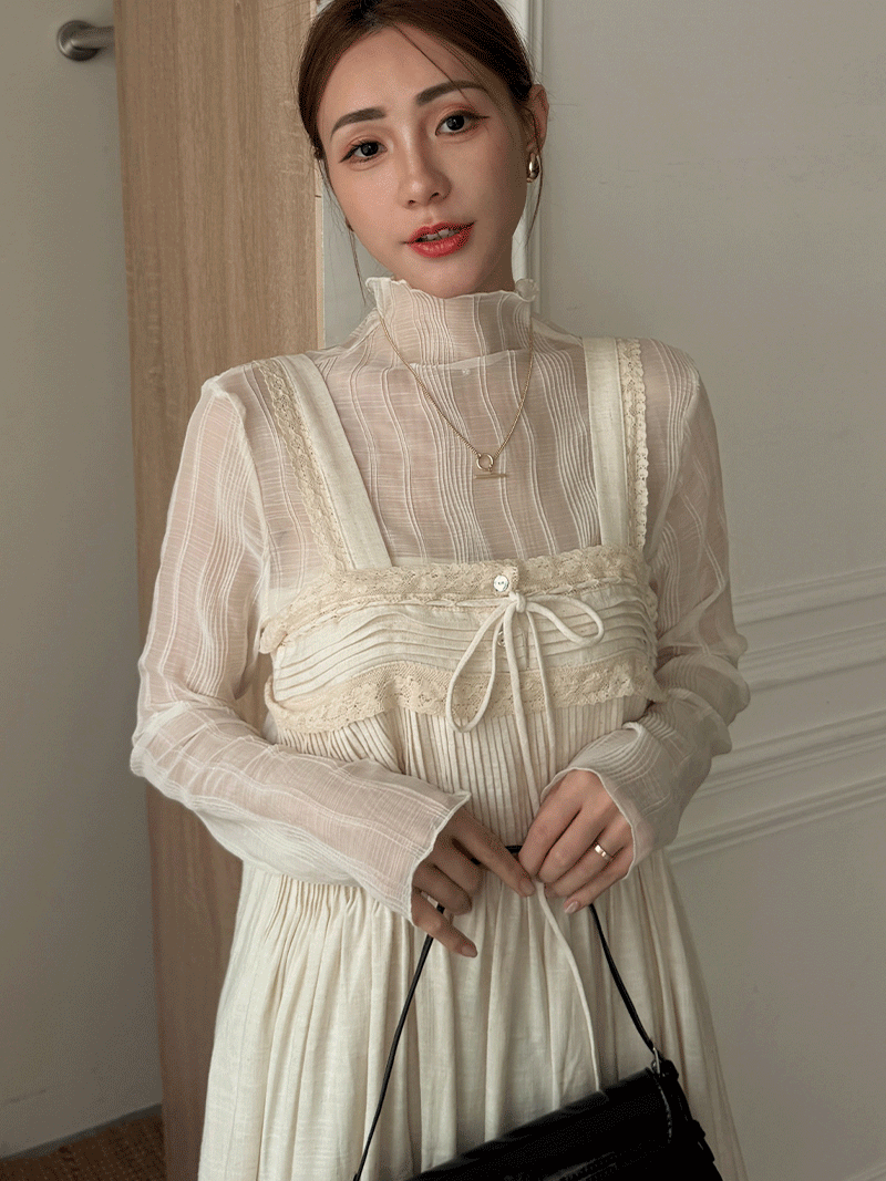 A3333-直紋微立領透膚捲邊衣