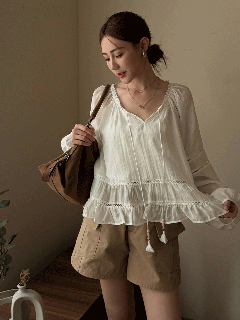 A3338-波西米亞風流蘇綁帶上衣
