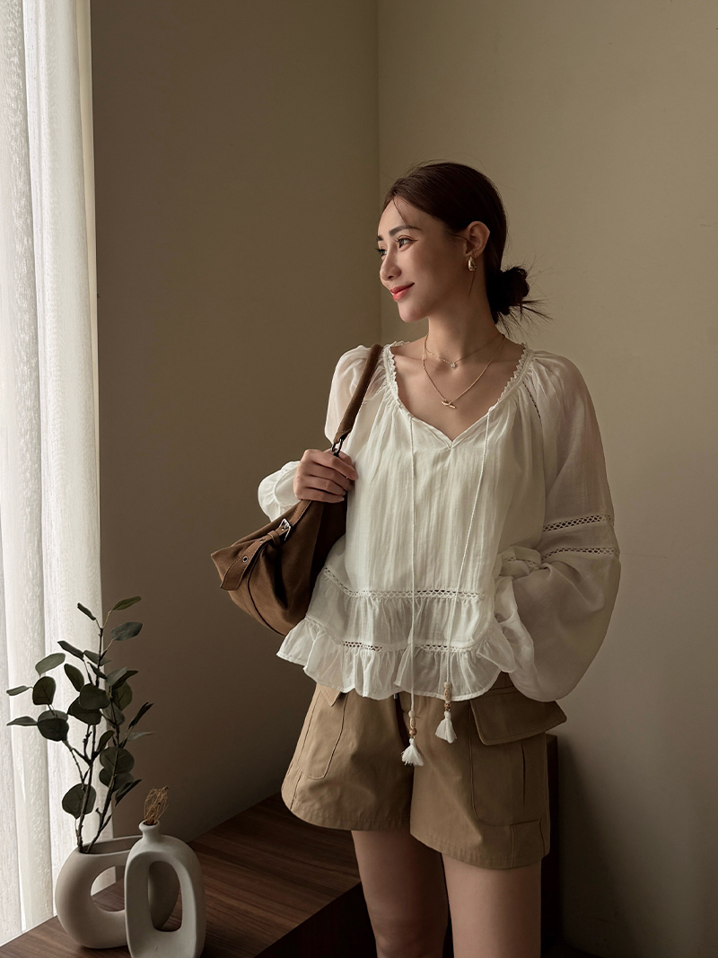 A3338-波西米亞風流蘇綁帶上衣