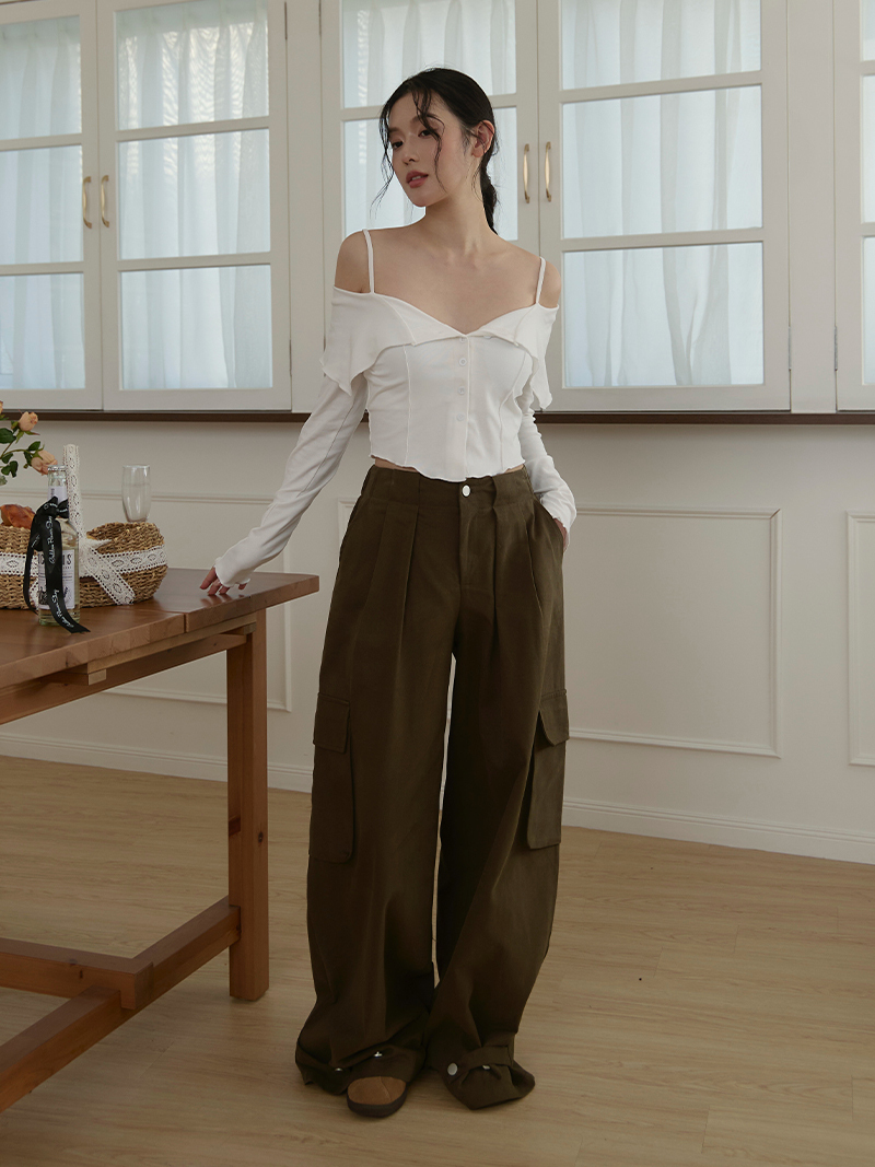 B1627-工裝口袋造型寬褲