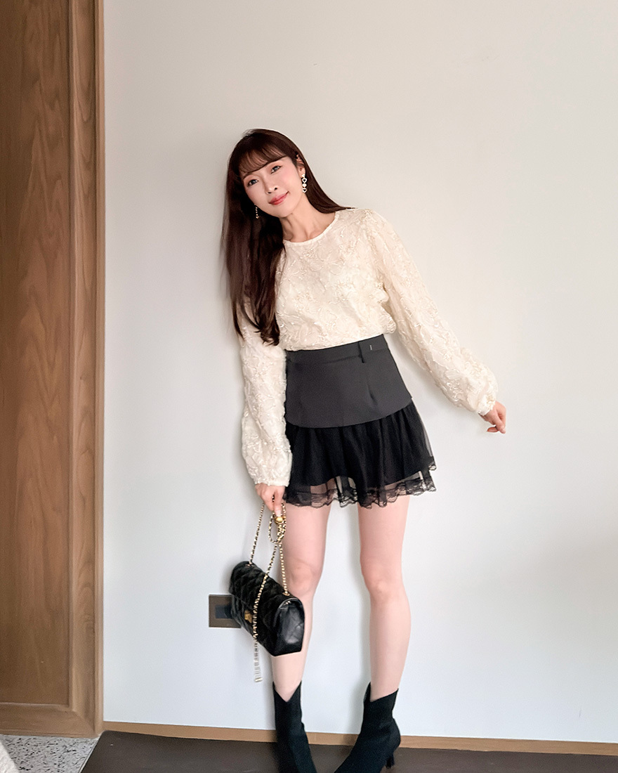 LINA LINA柔美俏麗拼接造型蕾絲網紗短裙-唯美黑S-L