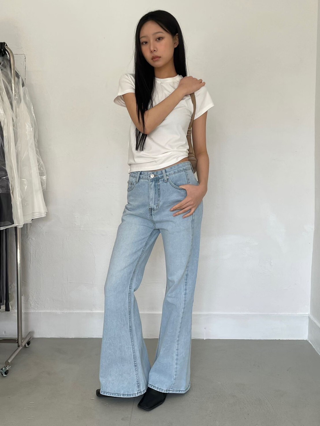 歐美女子淺藍色系牛仔喇叭褲-S-L