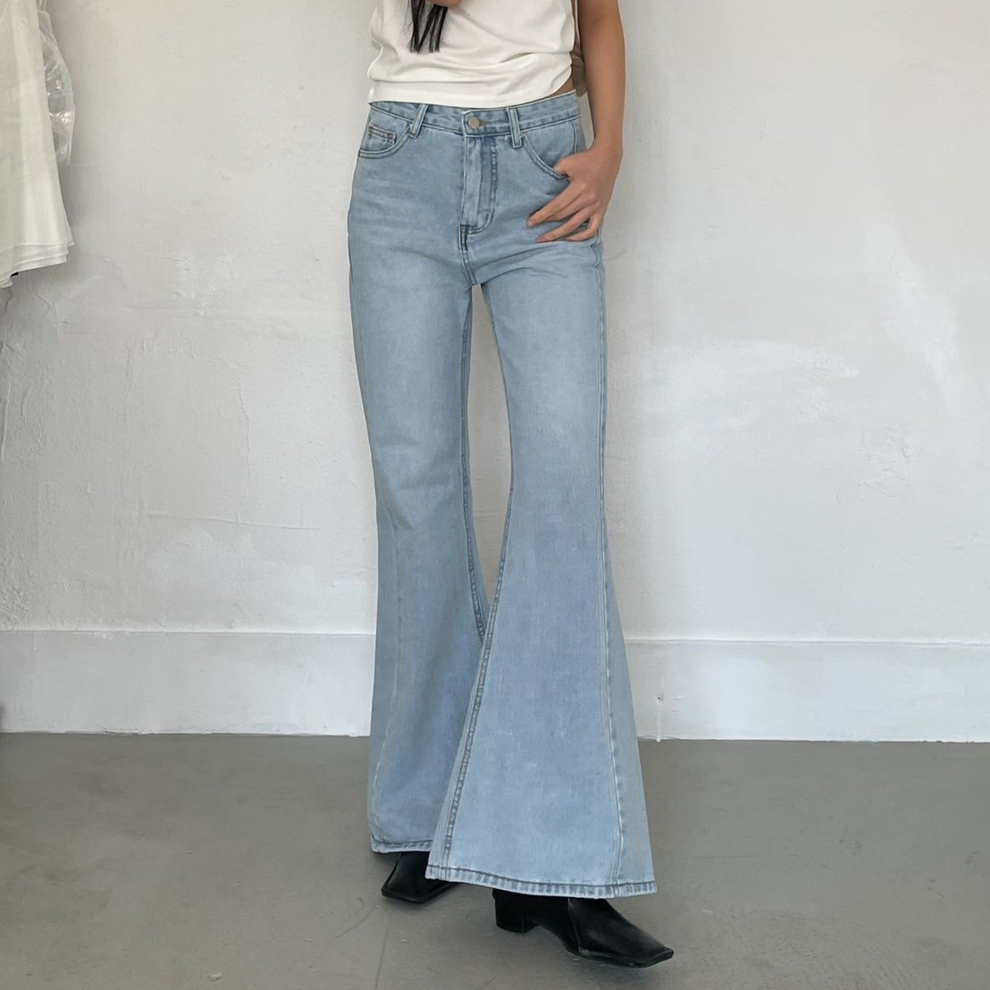 歐美女子淺藍色系牛仔喇叭褲-S-L