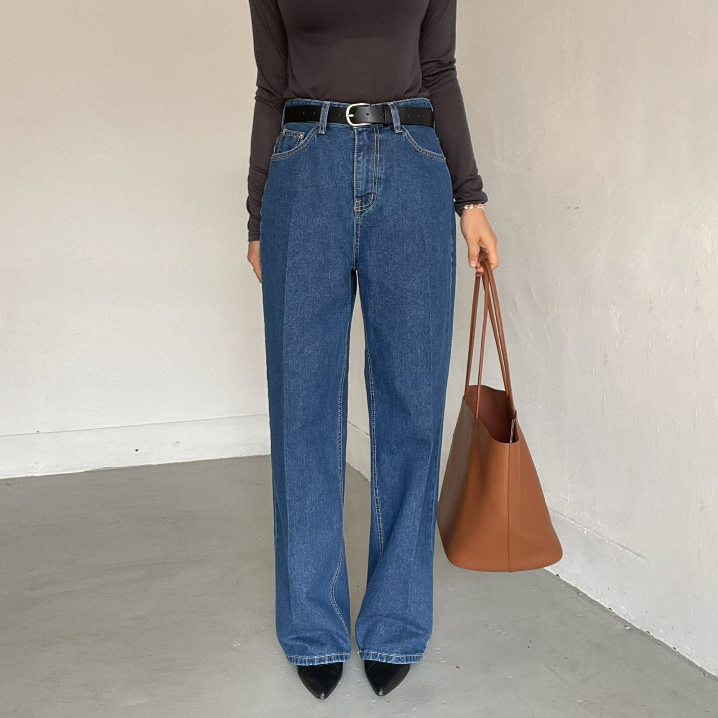 復古女子原色單寧打褶造型直筒牛仔褲-S-L