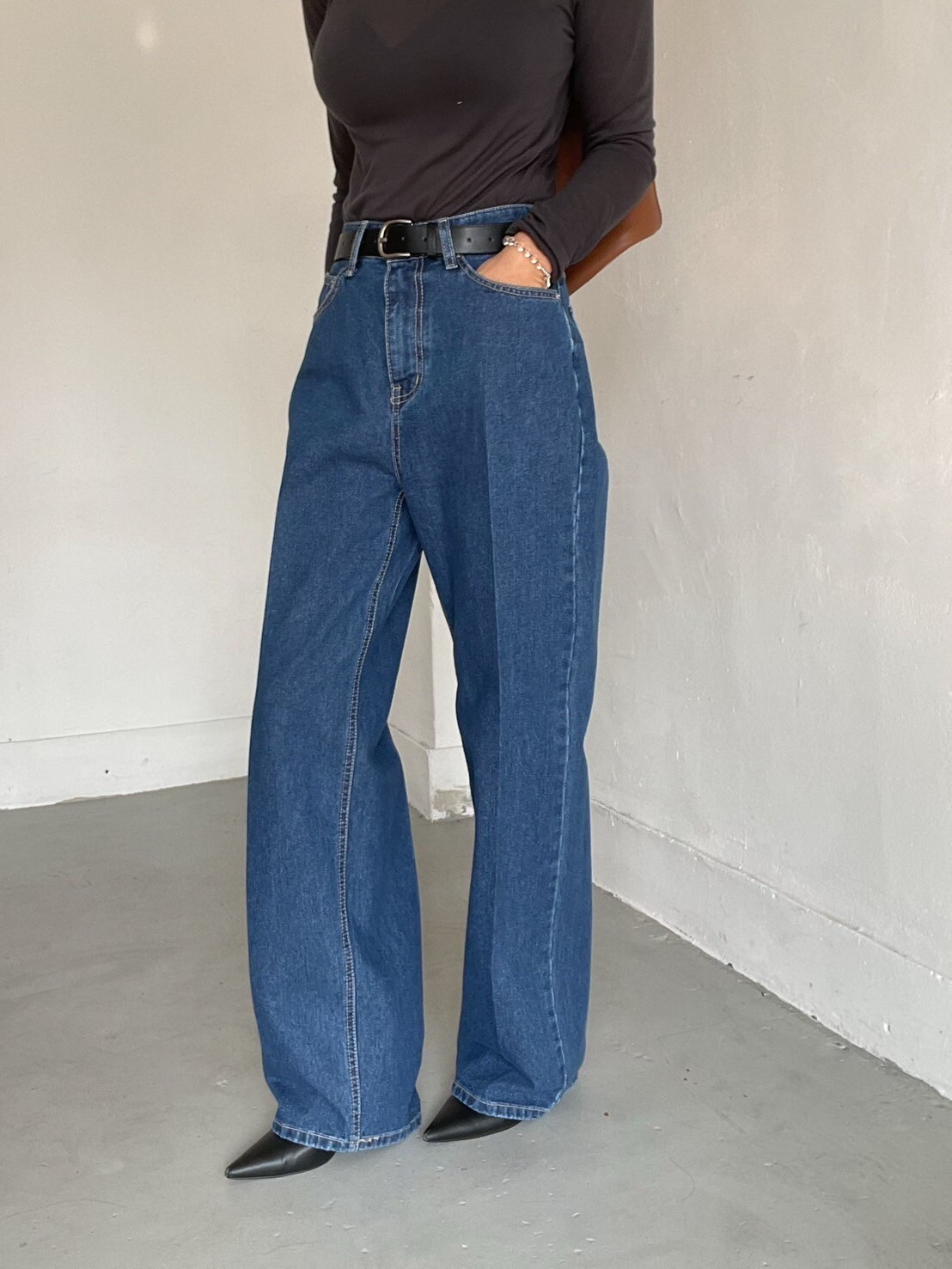 復古女子原色單寧打褶造型直筒牛仔褲-S-L