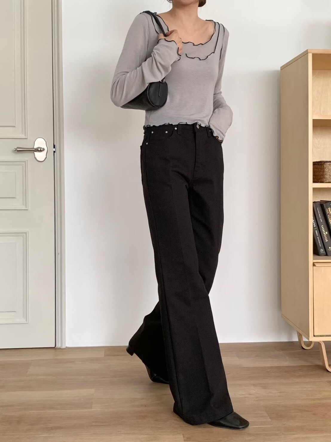 經典黑白色系單釦落地長腿牛仔喇叭褲-S-L / 2色