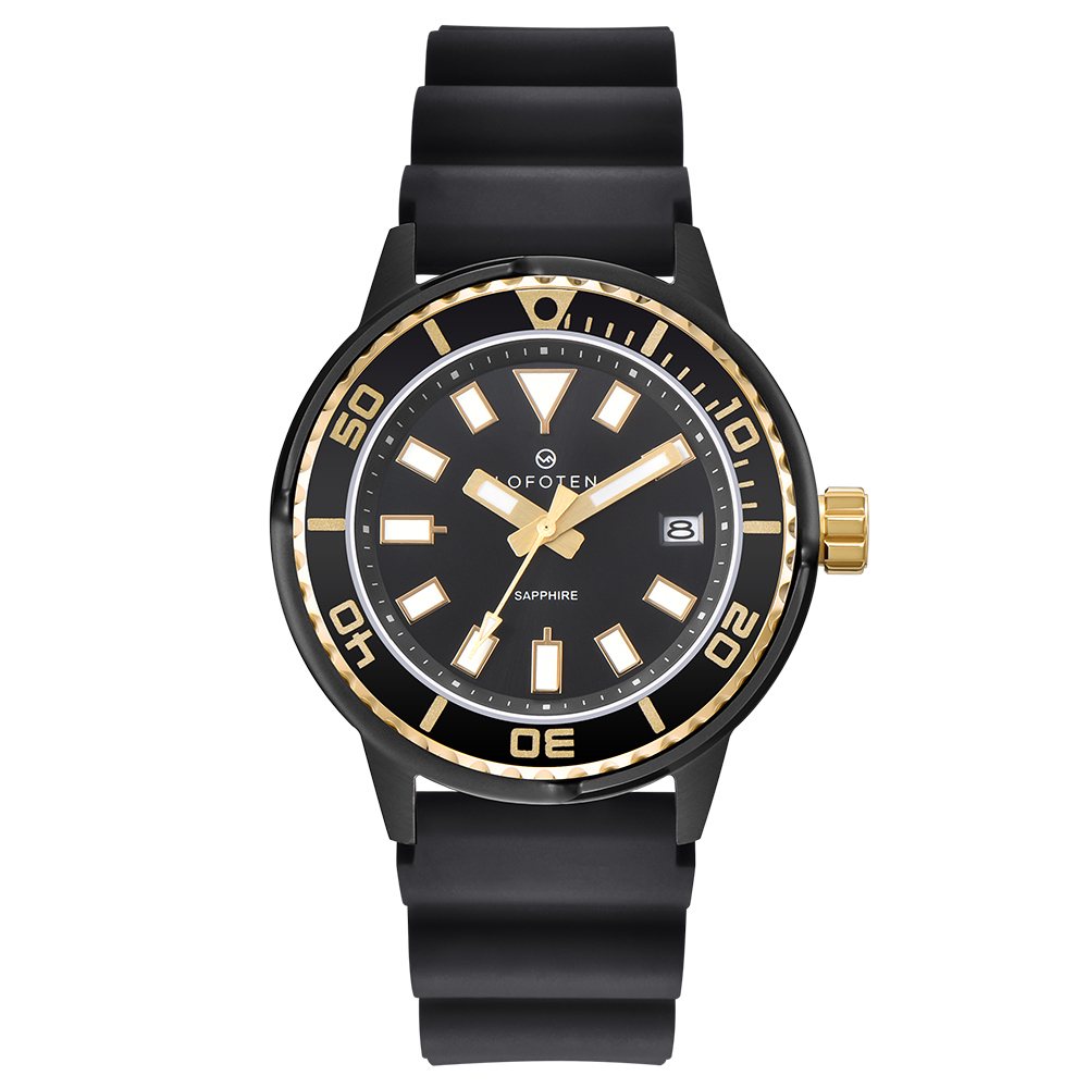 【Lofoten 羅斐頓】 F-6528MT 金黑 經典 簡約 夜光 日期顯示 藍寶石玻璃 矽膠 手錶