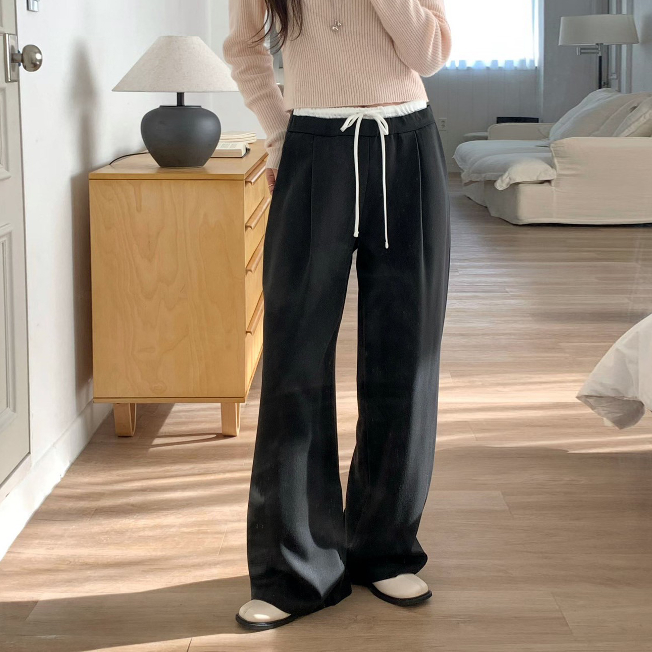 經典黑腰頭配色綁帶造型落地休閒褲長褲-S-Ｍ