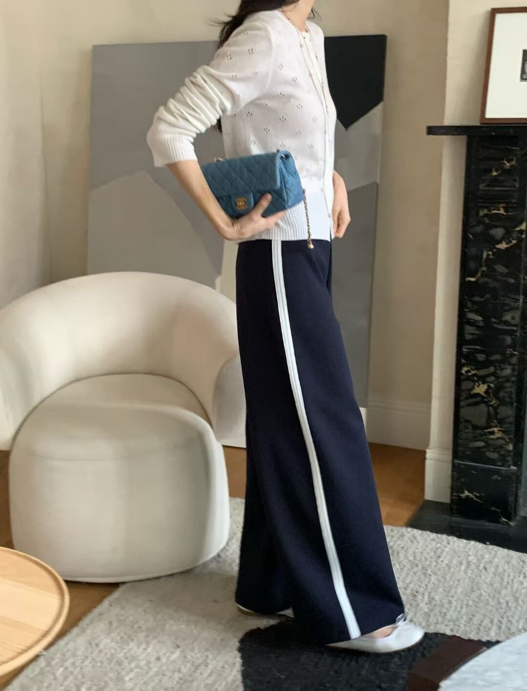 鬆緊高腰側配色線條造型休閒長褲-F / 2色