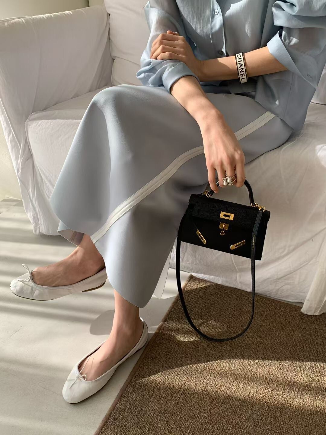 鬆緊腰側白線造型休閒鉛筆裙長裙-F