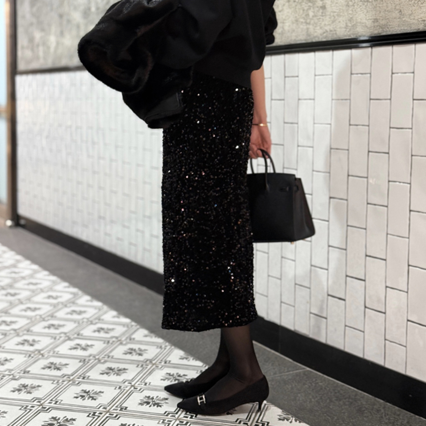 經典黑閃閃亮片鉛筆裙長裙-F