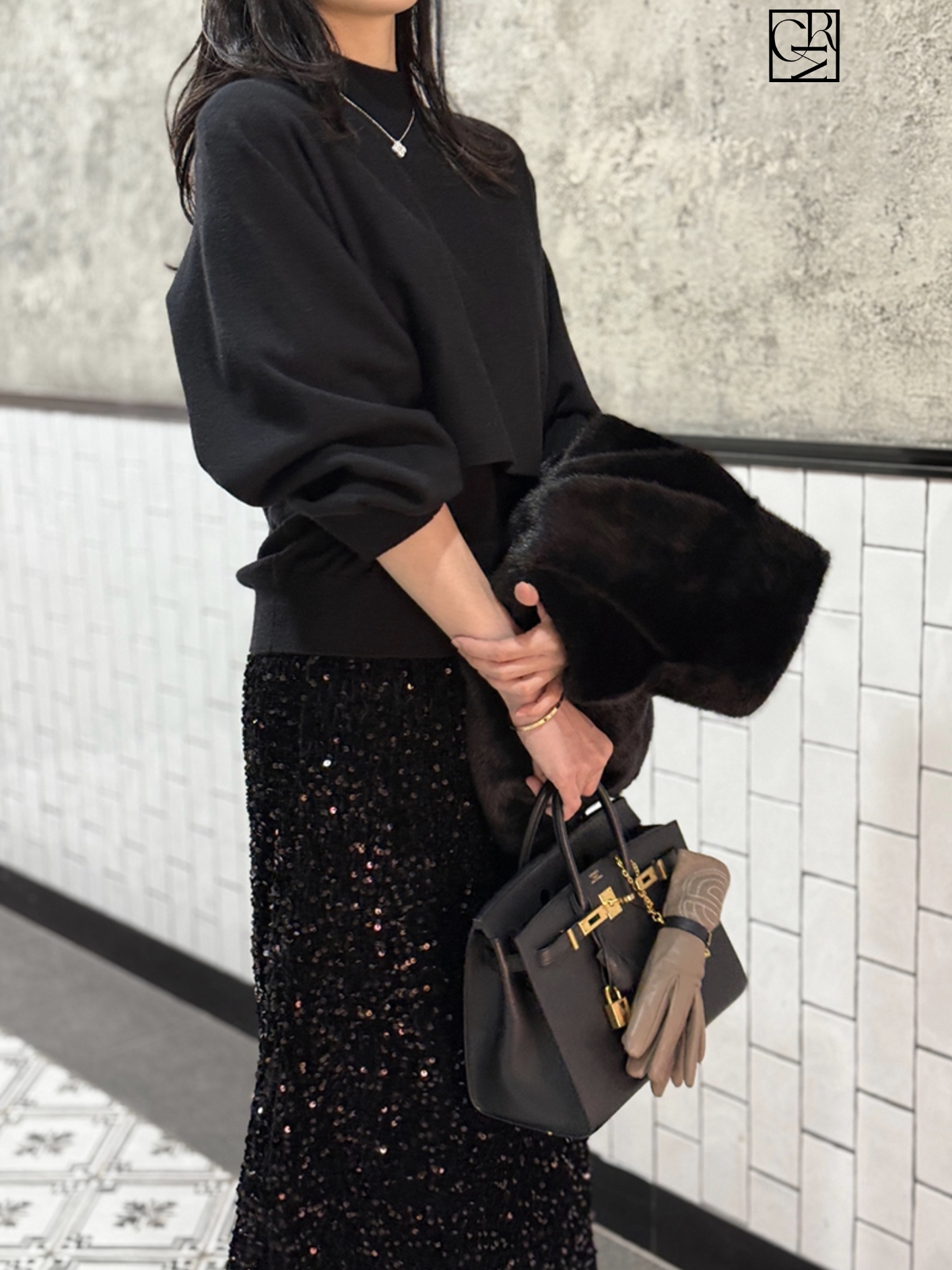 經典黑閃閃亮片鉛筆裙長裙-F