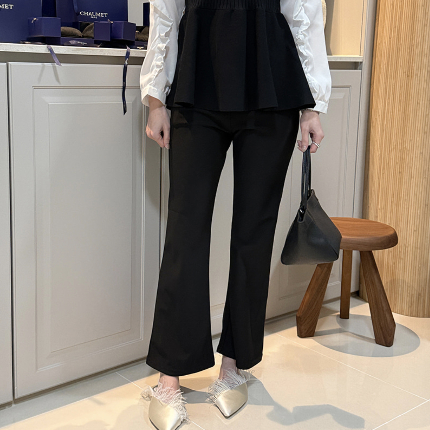 經典黑鬆緊腰長腿顯瘦喇叭褲-S-XL