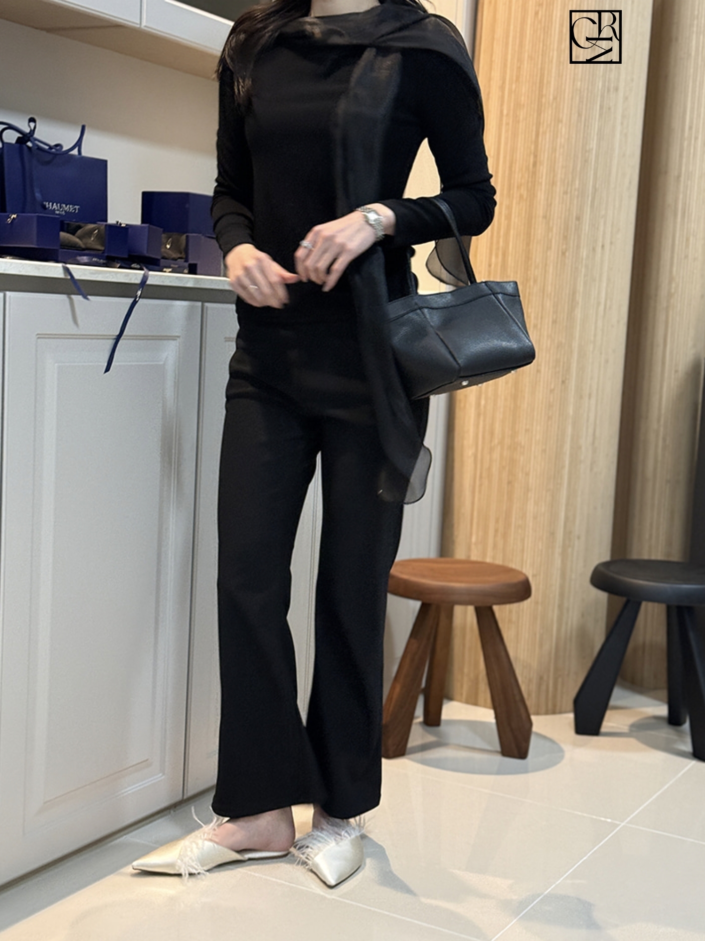 經典黑鬆緊腰長腿顯瘦喇叭褲-S-XL