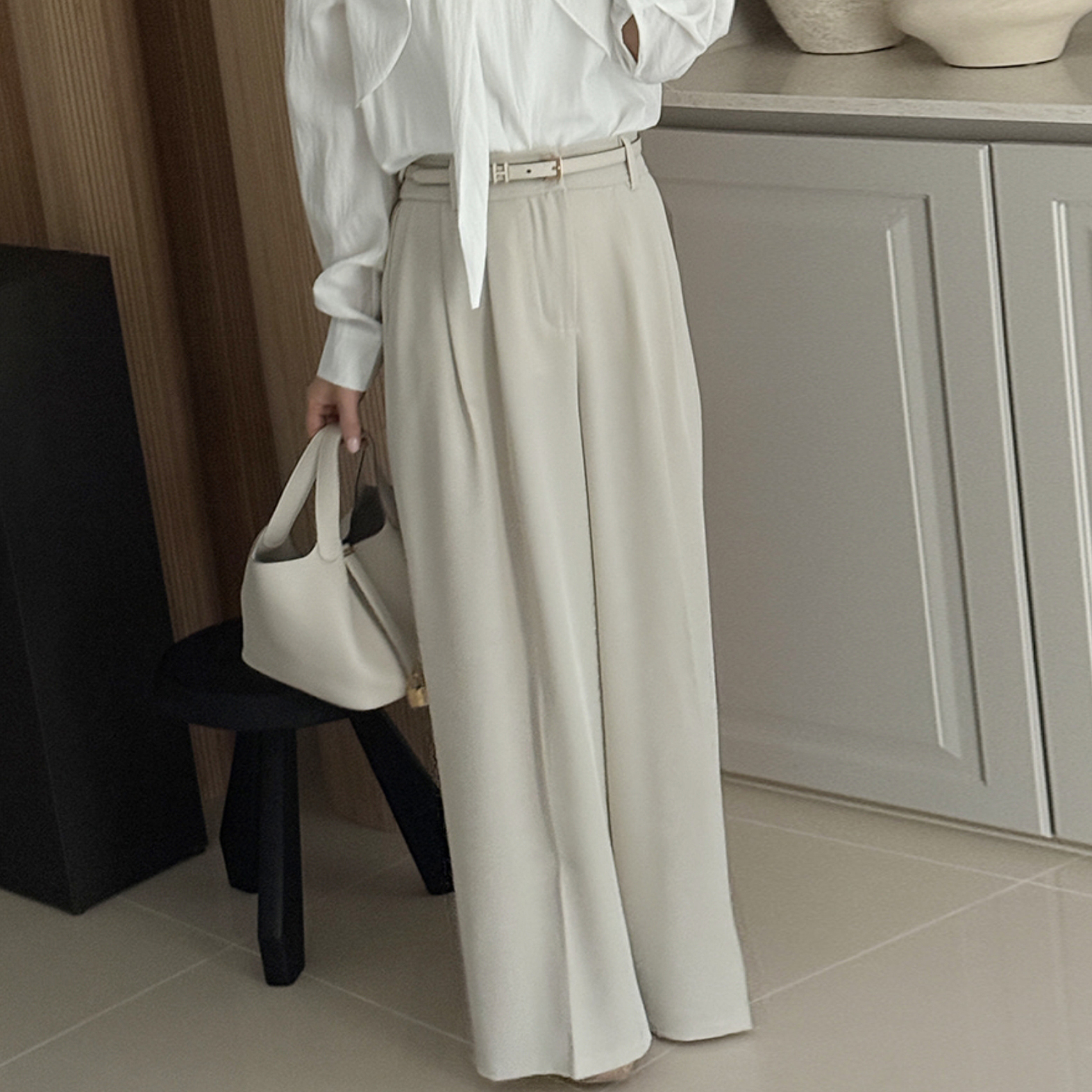 附腰帶造型打褶高腰西裝褲長褲-M-XL / 3色