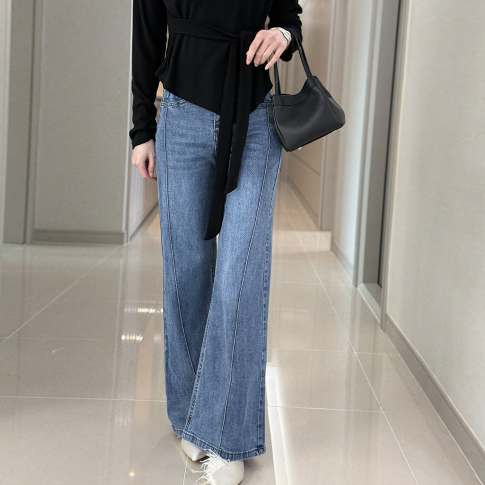 復古微刷色感3D車線牛仔喇叭褲-S-M / 2色